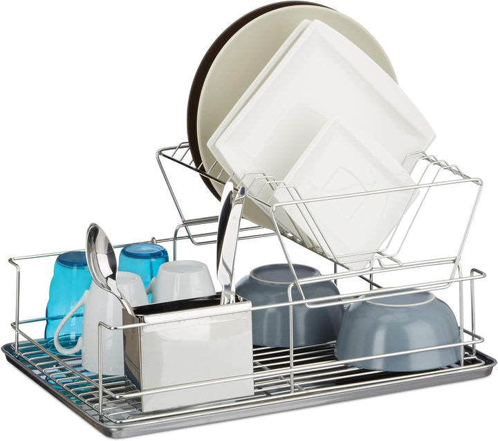 Relaxdays Abtropfgestell, Mit Besteckhalter, Abtropfgitter, Abtropfschale Edelstahl, Robust, HBT: ca
