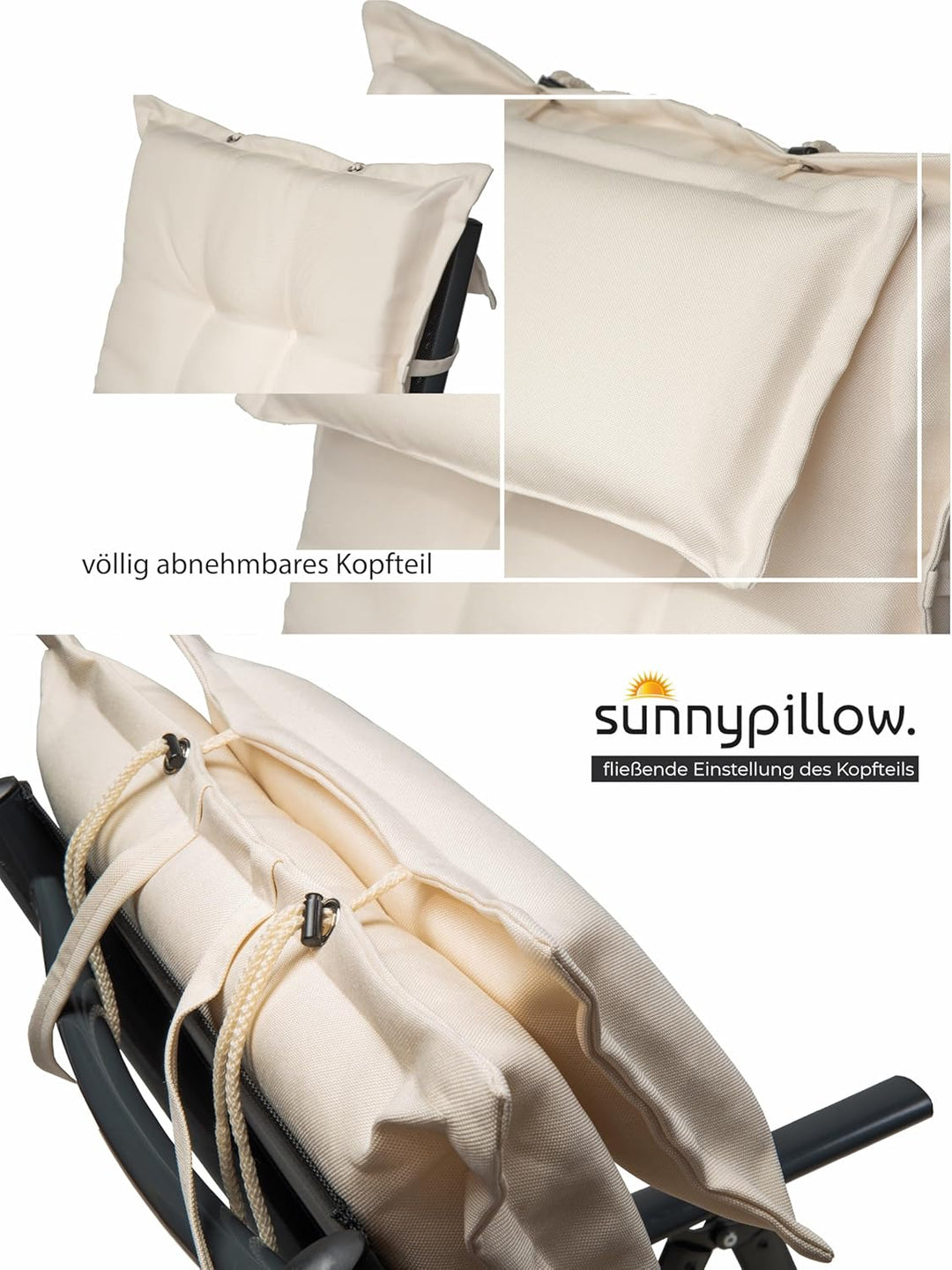 sunnypillow 2 Stück Gartenstuhlauflagen mit abnehmbarem Kopfpolster - 120 x 50 x 9cm - Stuhlauflagen