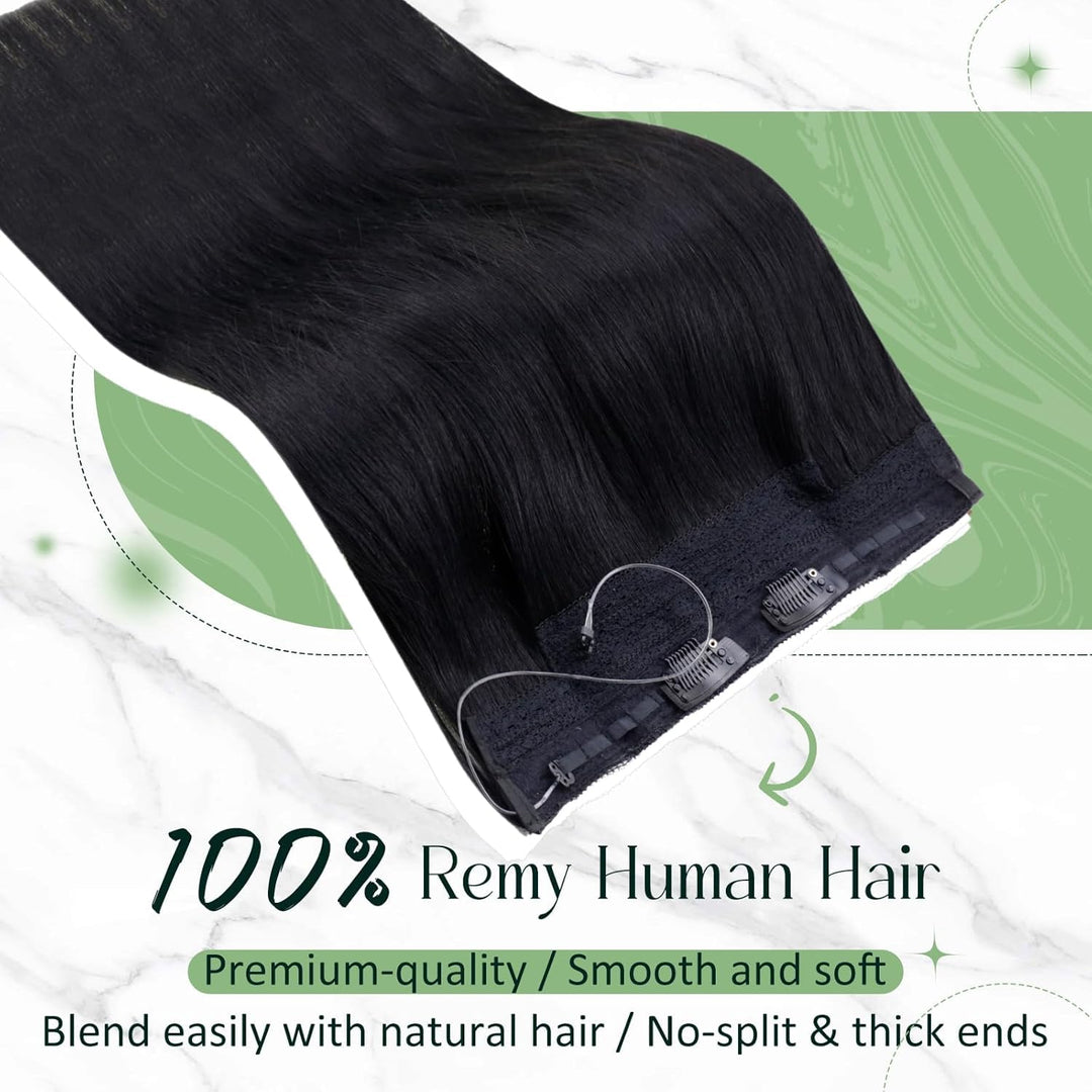 RUNATURE Adjustable Draht Hair Extensions Echthaar Fish Line Hair Extensions Farbe Pech Schwarz 80g