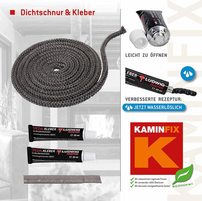 Ofendichtschnur 2,5m inkl. Kleber, Kaminreparaturset in der Grösse 6mm, hochwertige Ofentürdichtschn