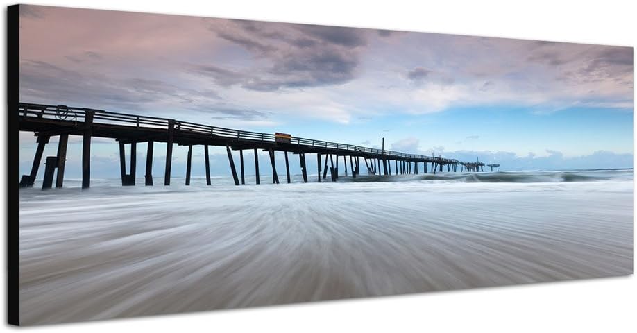 Paul Sinus Art Panoramabild auf Leinwand und Keilrahmen 150x50cm Strand Meer Wellen Sturm Steg Wolke