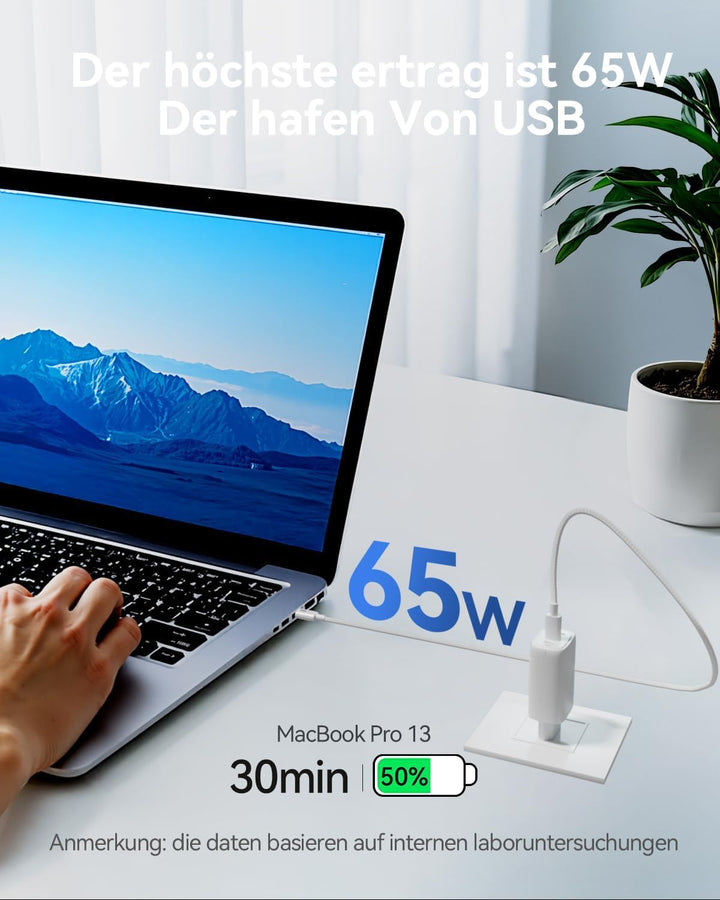 USB C Ladegerät,2Pack 65W 3 Ports Schnellladegerät, USB C Charger Adapter 2 PACK-Weiss, 2 PACK-Weiss