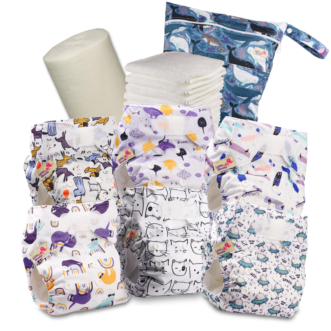 Littles & Bloomz Stoffwindeln – Pocket-Stoffwindeln mit Klettverschluss, 6 Windeln + 6 Einlagen, Bam