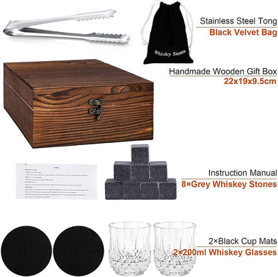 Whiskey Stones Geschenkset mit 2 Gläsern, handgefertigter Geschenkbox, 8 Granit-Whiskey-Rocks & Samt