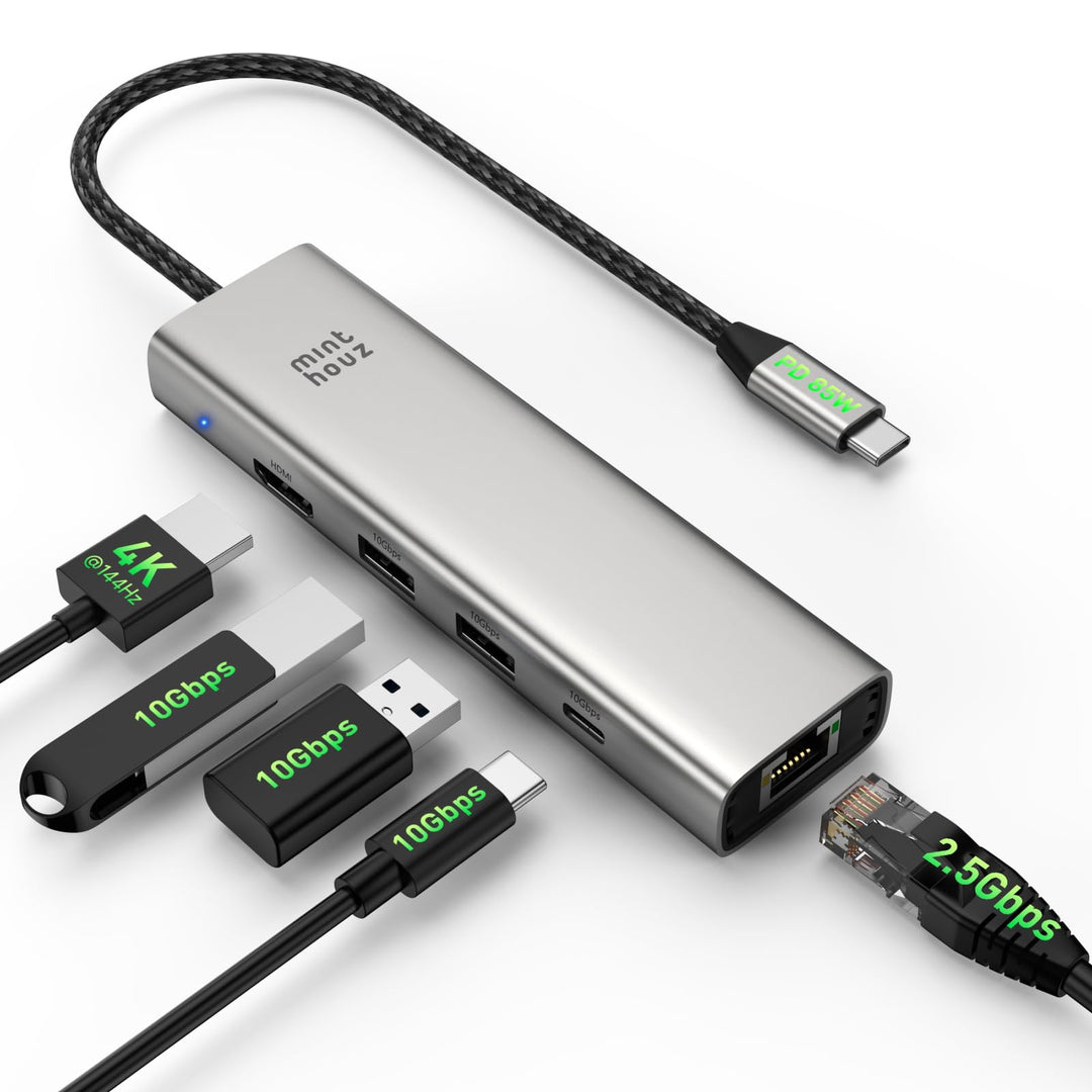 Minthouz USB-C-Hub für Dell, HP Lenovo, 6-in-1-Multiport-Adapter, USB-C-zu-HDMI mit 4K@144Hz,100W PD