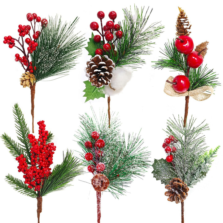Morofme Künstliche Tannenzweige mit Rote Beeren Deko 6 Stück, Weihnachtszweige mit Tannenzapfen, Bau