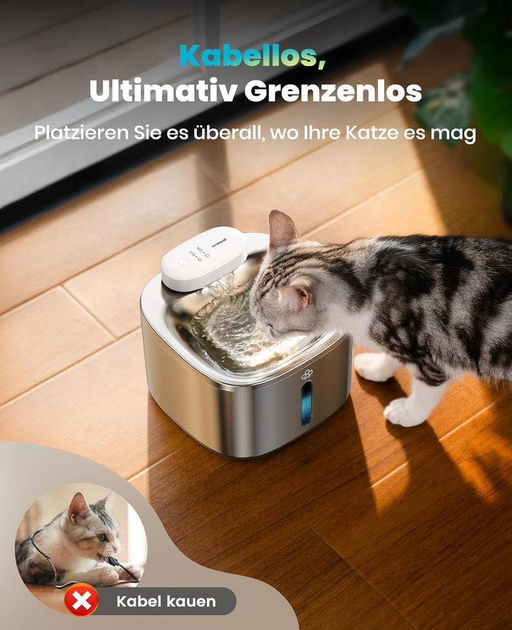 oneisall Katzenbrunnen Kabellos, 5000mAh Batteriebetrieb, 3.5L Trinkbrunnen für Katze mit Bewegungsm