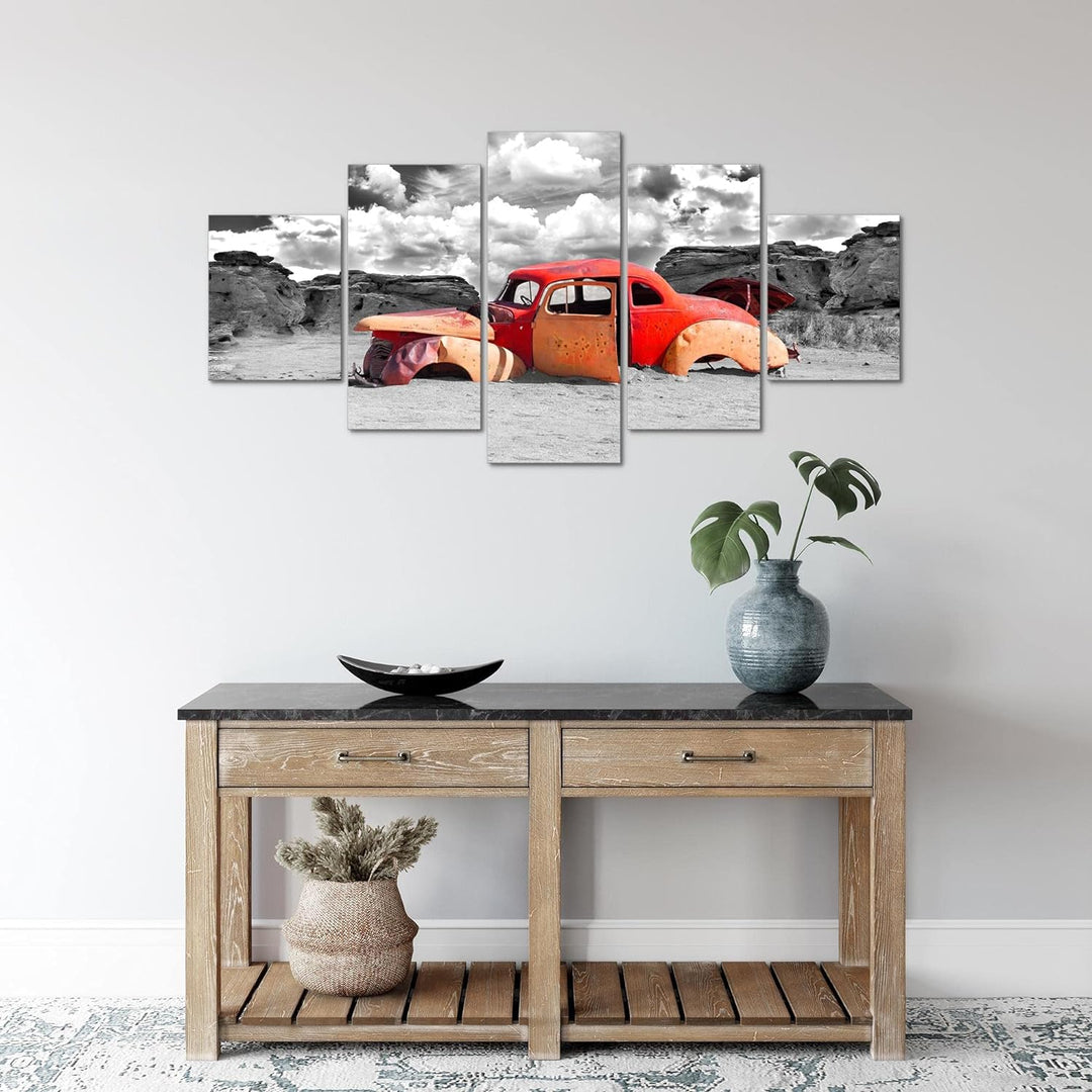 Runa Art Wandbilder Auto Oldtimer 5 Teilig Bild auf Vlies Leinwand Deko Wohnzimmer Abstrakt Rot Grau