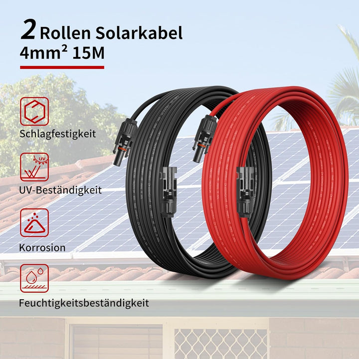 Solarkabel 4mm² 15M x 2 Solar Verlängerungskabel mit Solarstecker, Solar Verlängerung Photovoltaik K