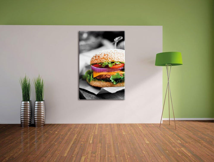 Pixxprint Perfekter Burger mit Pommes / 100x70cm Leinwandbild bespannt auf Holzrahmen/Wandbild Kunst