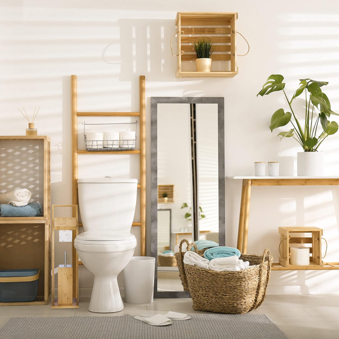 Relaxdays WC Garnitur, Bambus, Edelstahl, Klopapierständer mit Toilettenbürste, freistehend, HBT: 74