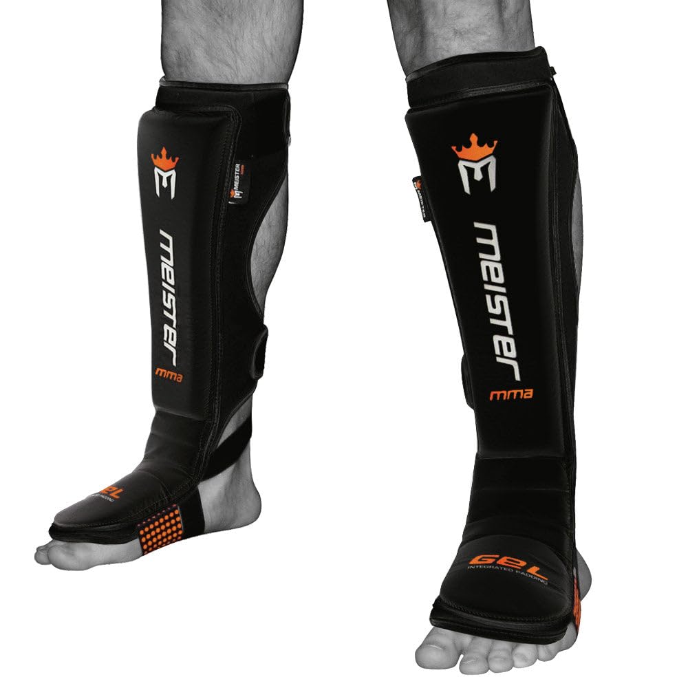 Meister MMA Edge Schienbeinschoner aus Leder mit Gel-Polsterung, 1 Paar Schwarz S/M, Schwarz S/M
