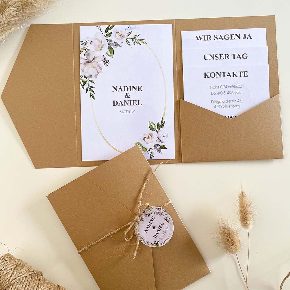 Blanko Pocketfold Karte B6 Recycling Natur | Einladung DIY Hochzeit Kraftpapier Umschlag Grösse 50 S
