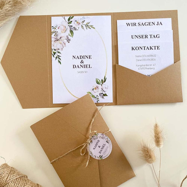 Blanko Pocketfold Karte B6 Recycling Natur | Einladung DIY Hochzeit Kraftpapier Umschlag Grösse 50 S
