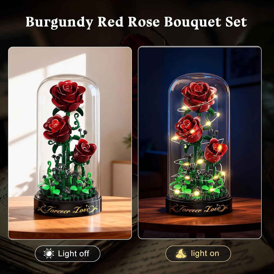 Blumen Rosen Bausatz mit LED Licht, 241 Teile Burgunderrot Rosenstrauss, 3.6MM Blumenstrauss Baustei