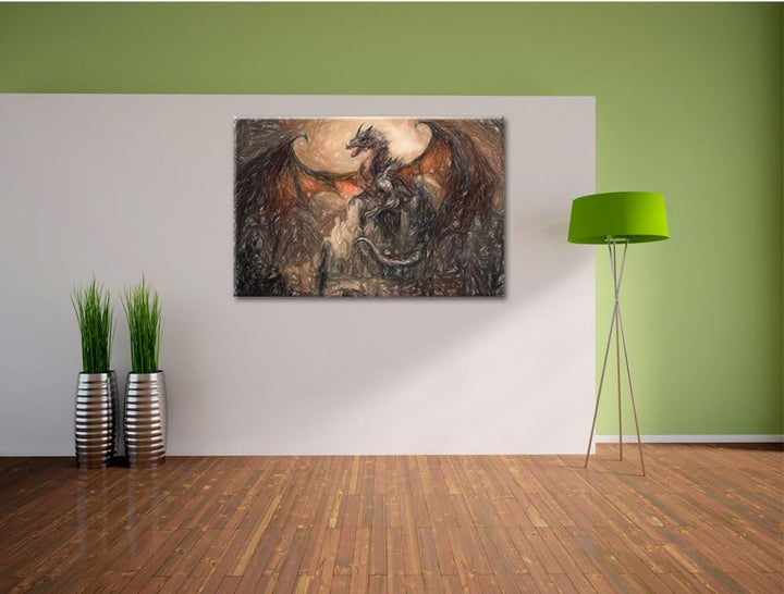 Pixxprint Drache schützend über Burg als Leinwandbild/Grösse: 100x70 cm/Wandbild/Kunstdruck/fertig b