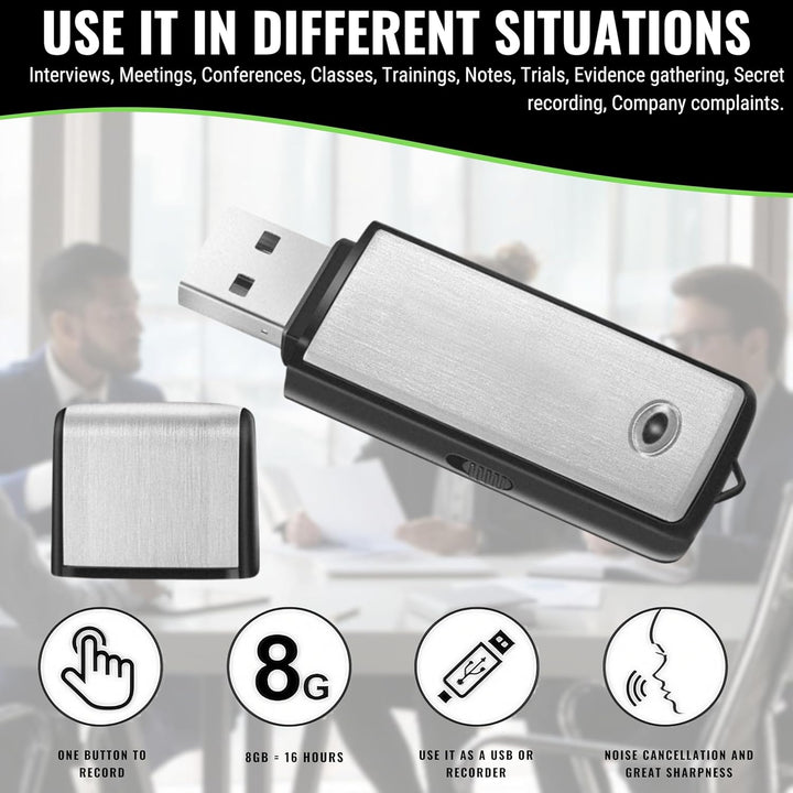Digitales Diktiergerät, USB, Mini-Sprachaufnahme, Spion, 8 GB, für Meetings, Interviews, Konferenzen