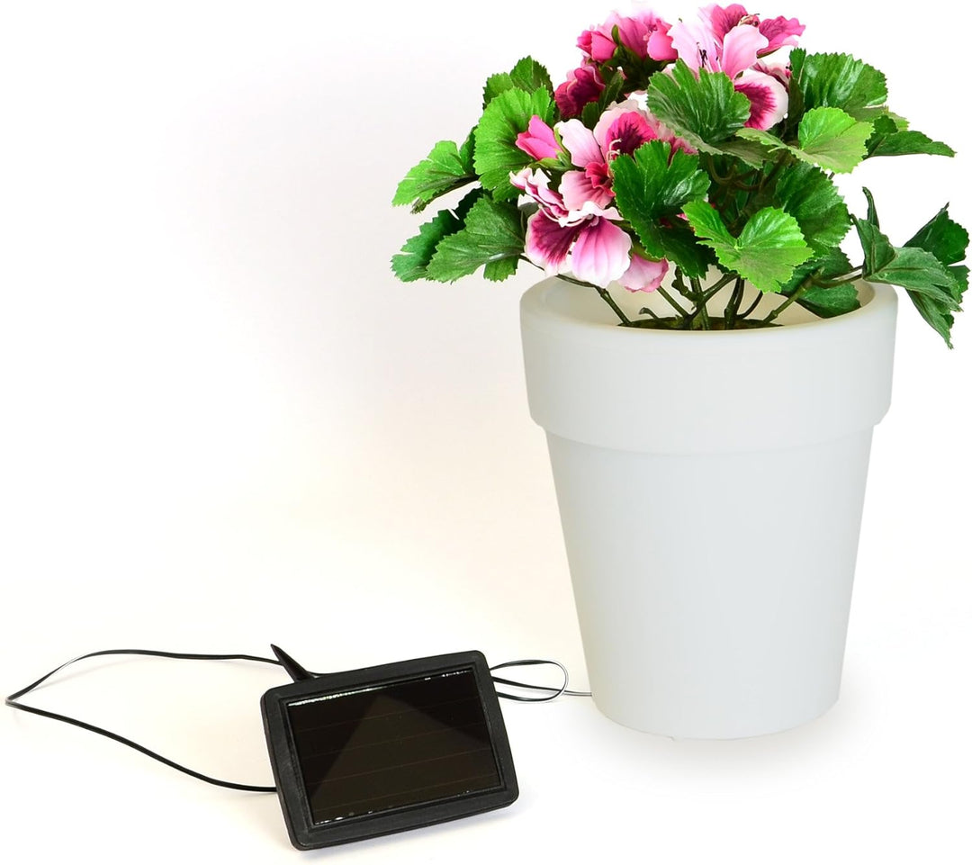 3er Set Solar Blumentopf Pflanzkübel mit 3 LED – 19 x 17 cm – Kunststoff weiss – mit Akku Wasserabla