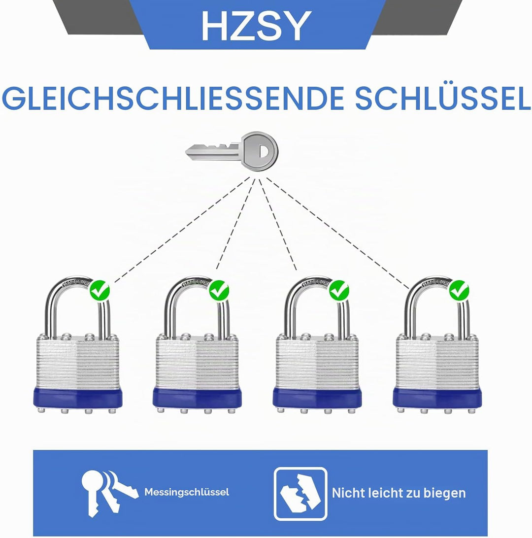Vorhängeschlösser gleichschliessend, 12 Stück, laminierter Stahl, 40 mm, Vorhängeschlösser mit gleic