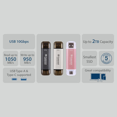 Transcend External SSD 512GB ESD310S USB 2) Silver 2) 512GB, 2) Silver 2) 512GB