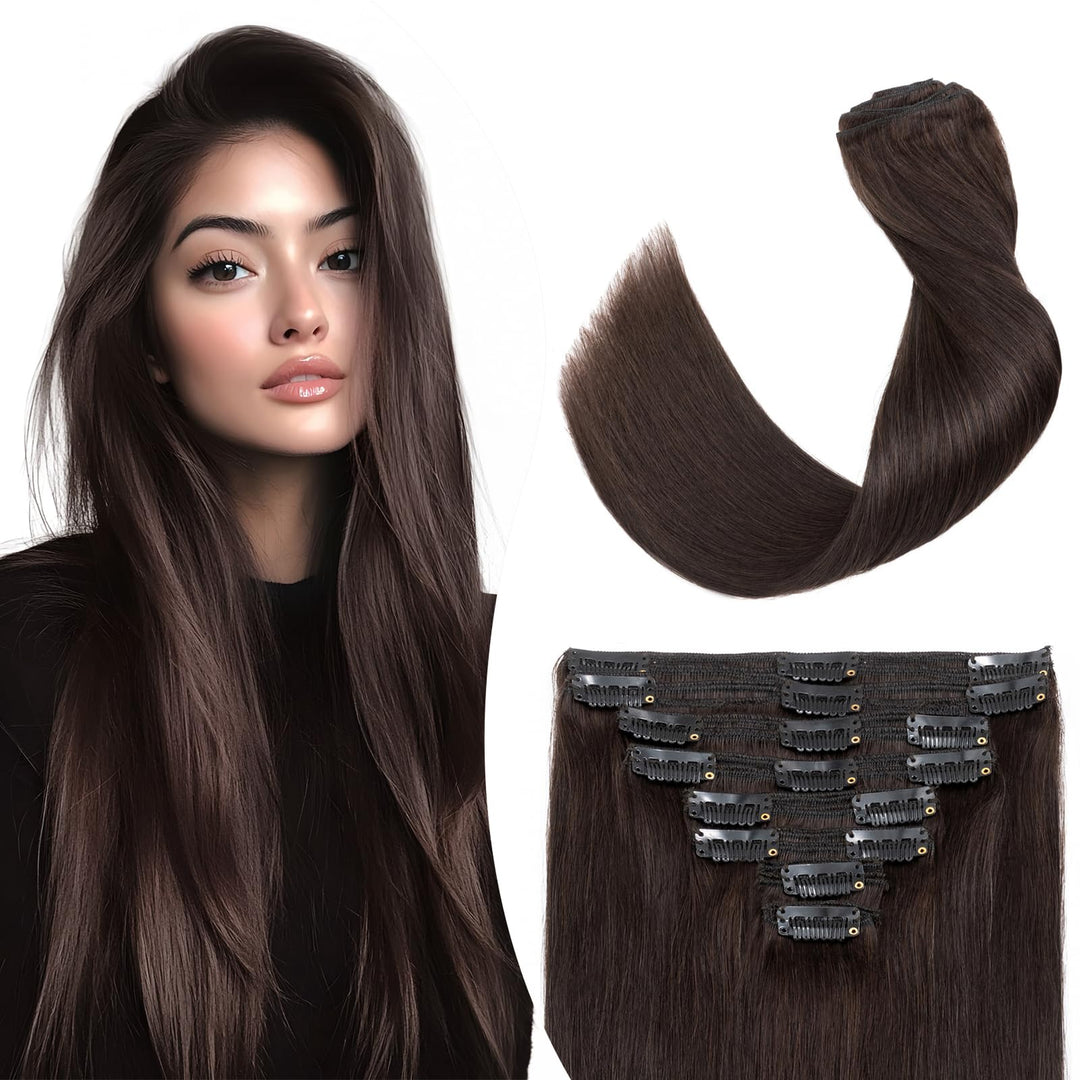 Elailite Echthaar Extensions Clip in 8 Tressen Voller Kopf 140g #2 Dunkelbraun, 45cm Haarverlängerun