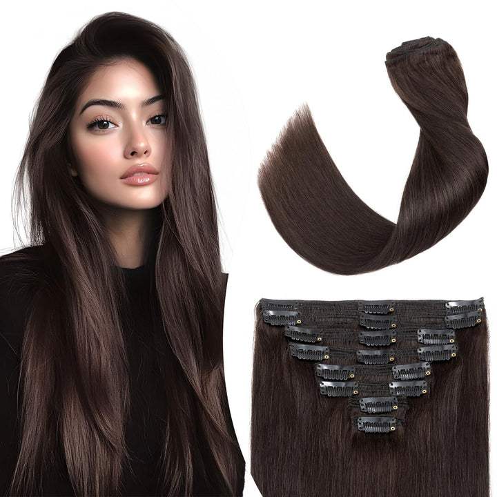 Elailite Extensions Echthaar Clip in 8 Tressen Voller Kopf #2 Dunkelbraun, Haarverlängerung Real Hum