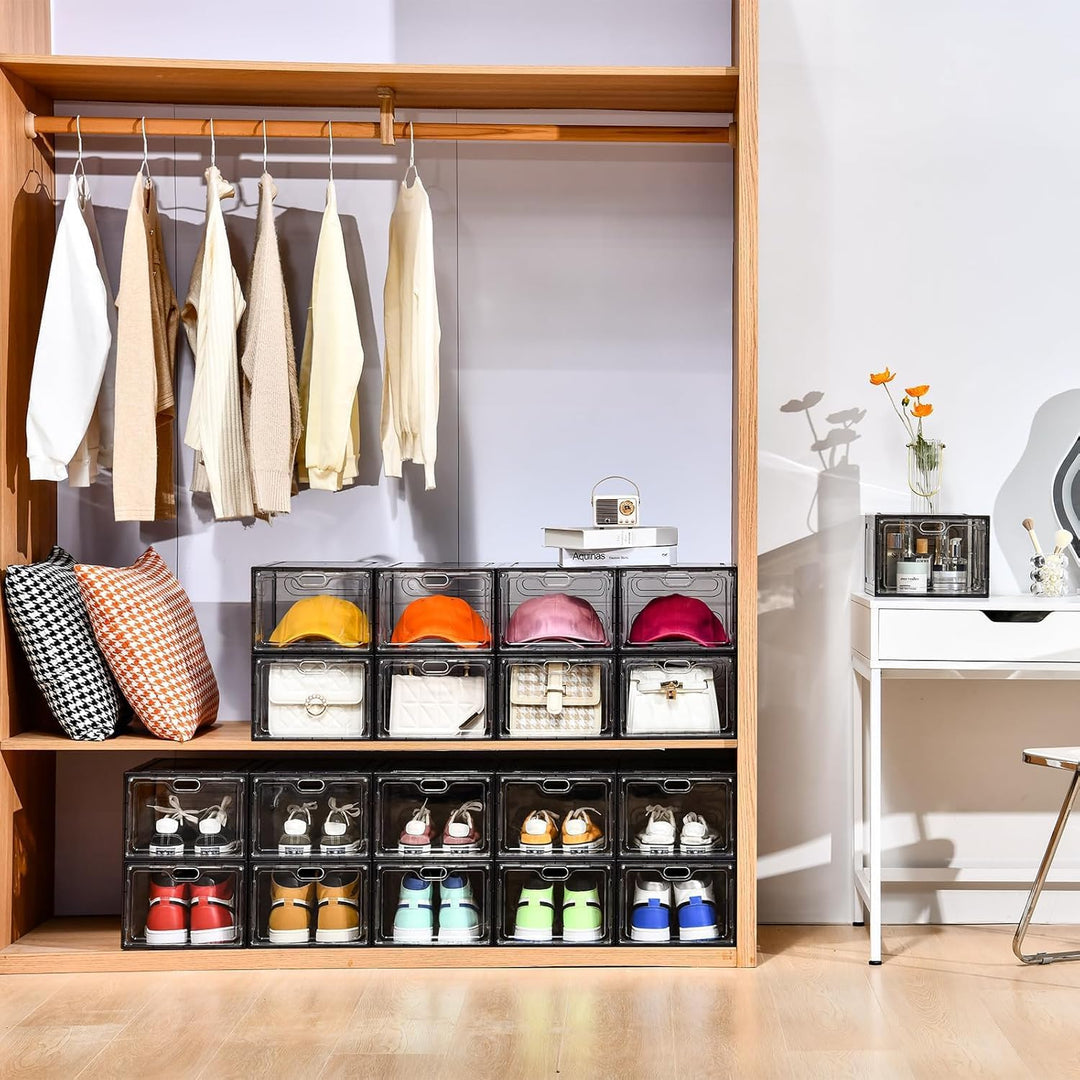 Schuhaufbewahrung, stapelbare Schuhboxen für Schrank, Kunststoff-Schuhbox mit grauer Tür, einfach zu