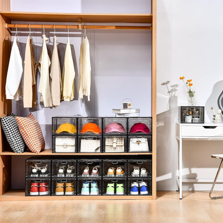 Schuhaufbewahrung, stapelbare Schuhboxen für Schrank, Kunststoff-Schuhbox mit grauer Tür, einfach zu