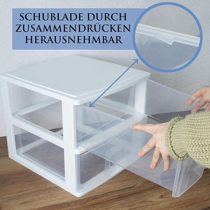 Hummelladen Schubladenbox DIN A4 mit 4 Schubladen 34,5x26x39 cm - Weiss-transparent Kunststoff Drawe