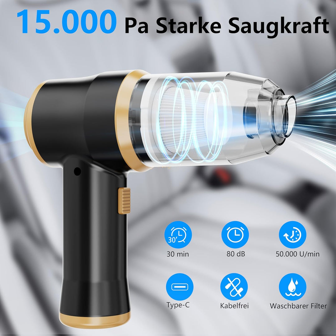Mini-Auto-Staubsauger 15000 Pa – Tragbarer Kabelloser Handstaubsauger und Luftbläser mit 2 Filtern f