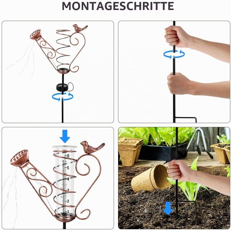 Regenmesser für Garten Frostsicher, Niederschlagsmesser mit Erdspiess und Licht, Outdoor Regenmesser