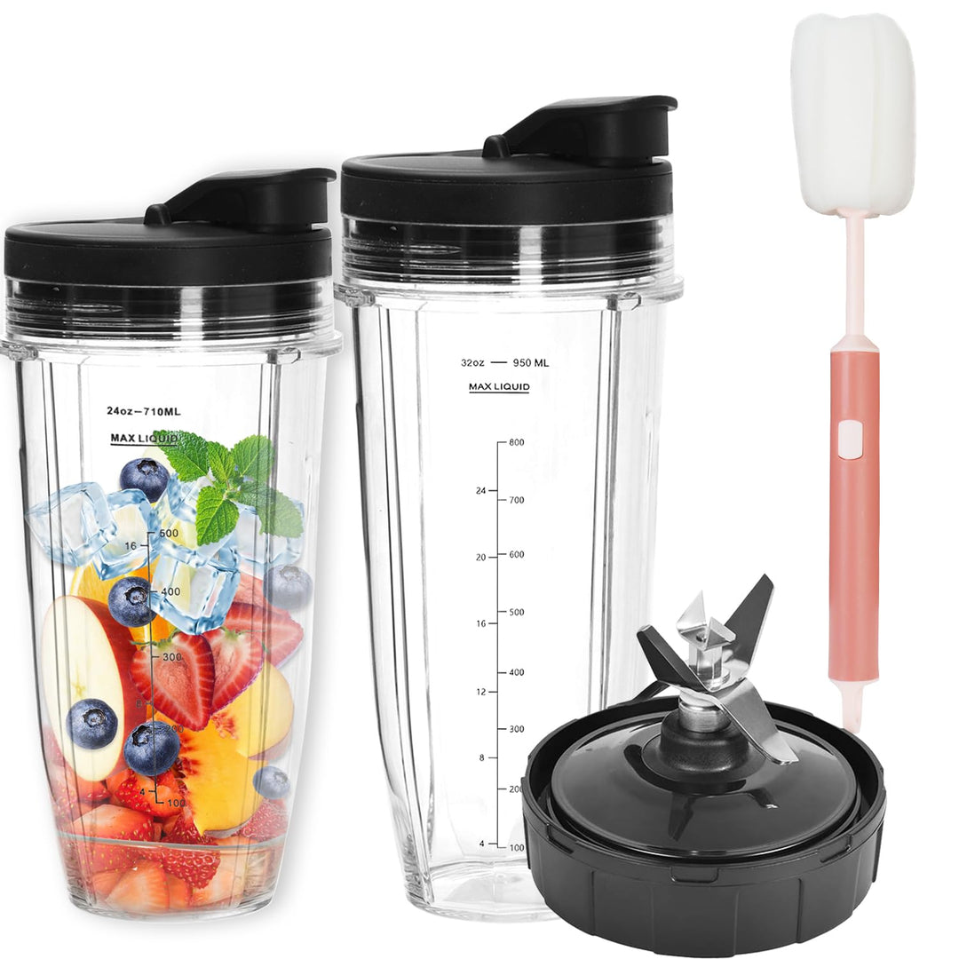 Blender Cups & Blattersatz für Ninja - 2 Pack 710 ml Cups mit 7 Flossen Blatt Ersatzteilen & Bürsten