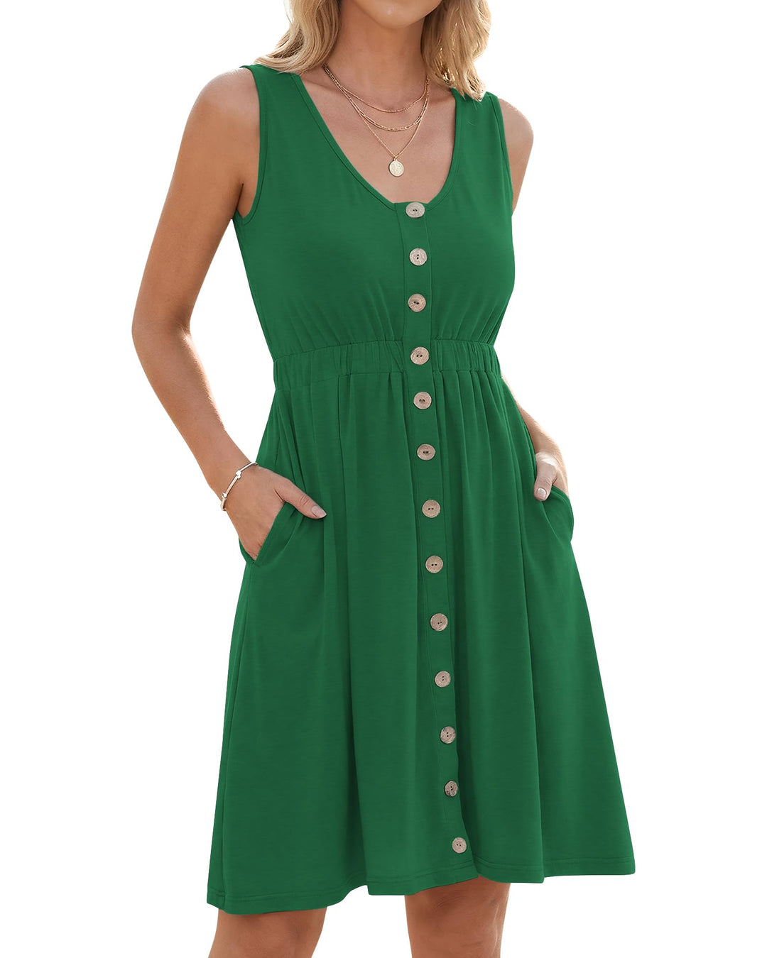 AUSELILY Sommerkleid Damen Ärmellos V-Ausschnitt Minikeid Casual Button Down Strandkleid mit Taschen