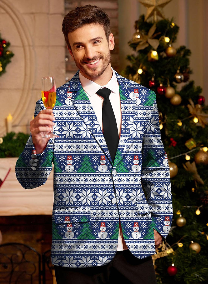 BesserBay Herren Weihnachtsblazer Bedruckte Langarm Anzugjacke Xmas Kostüm Blazer Slim Fit Blazer Fr