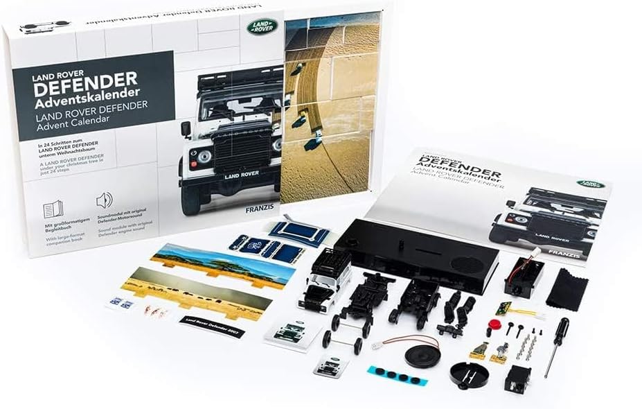 FRANZIS 67155 - Land Rover Defender Adventskalender, Metall Modellbausatz im Massstab 1:43, inkl. So