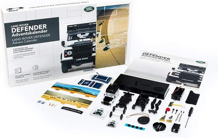 FRANZIS 67155 - Land Rover Defender Adventskalender, Metall Modellbausatz im Massstab 1:43, inkl. So