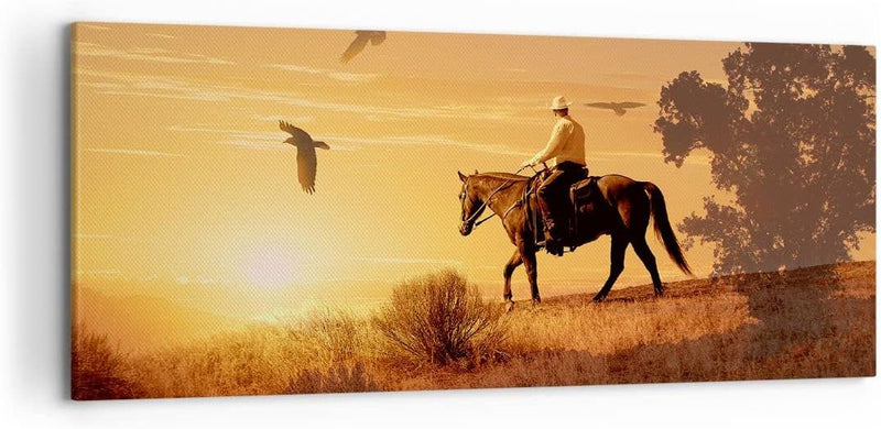 Wandbilder Dekoration Wohnzimmer Pferd Cowboy Bauernhof Reiten Panorama Bilder auf Leinwand 120x50cm