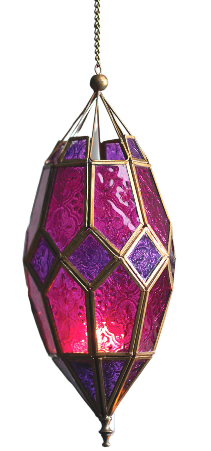 Teelicht-Laterne aus Glas im marokkanischen Stil, zum Aufhängen, mittelgross, lila/rosa Lila/Rosa M,
