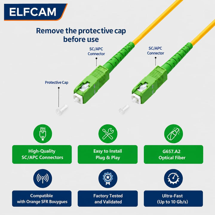 Elfcam® - 100m Glasfaserkabel SC/APC auf SC/APC Simplex Singlemode 9/125, Kompatibel mit Glasfaser b