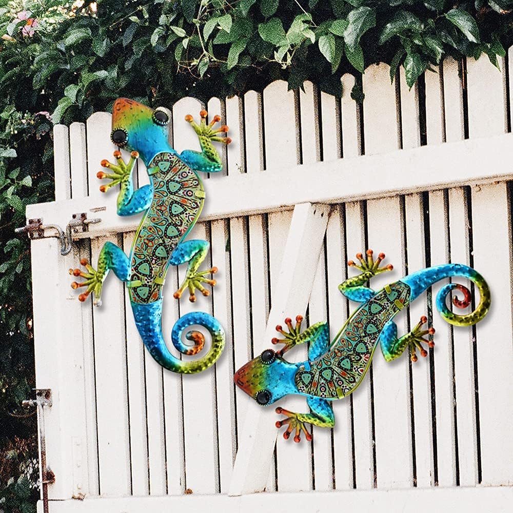 HONGLAND Metall-Gecko-Wanddekoration, Wandbild Metall,Eidechse, Wanddeko Outdoor,Gartenkunst, farbig