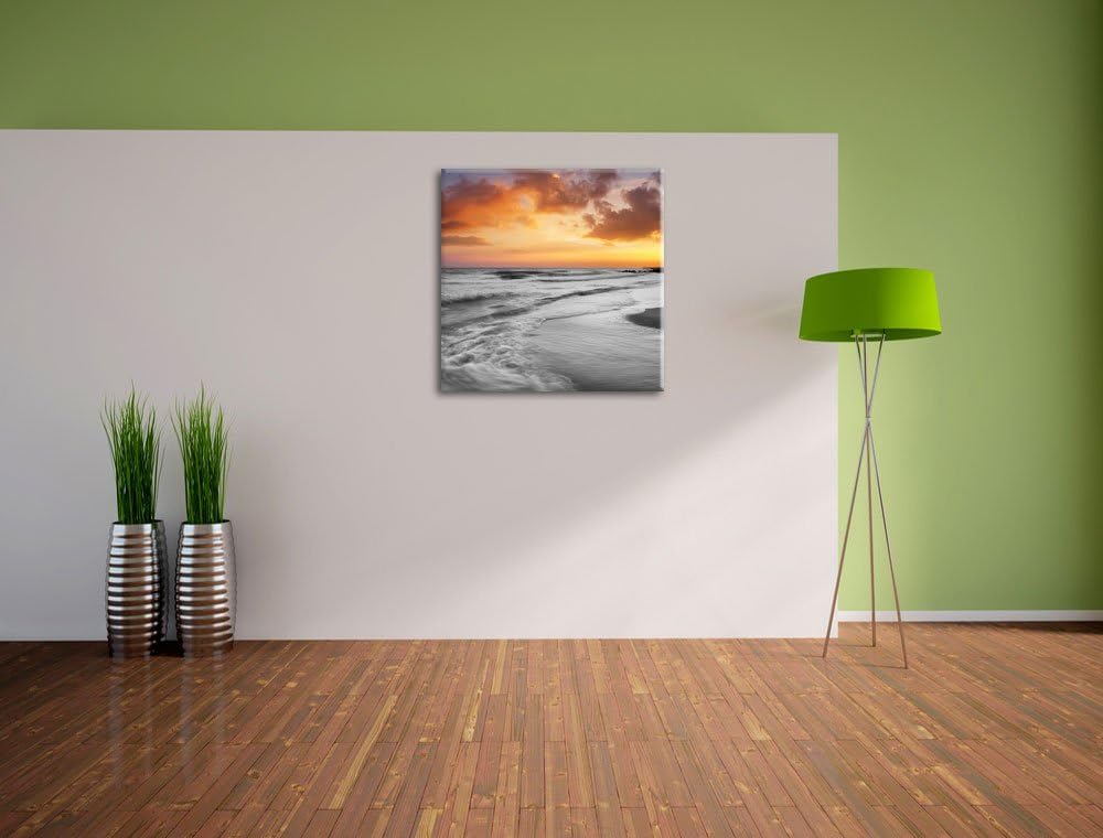 Pixxprint Traumhafter Strand mit romantischen Sonnenuntergang Schwarz/weiss, Format: 70x70 auf Leinw