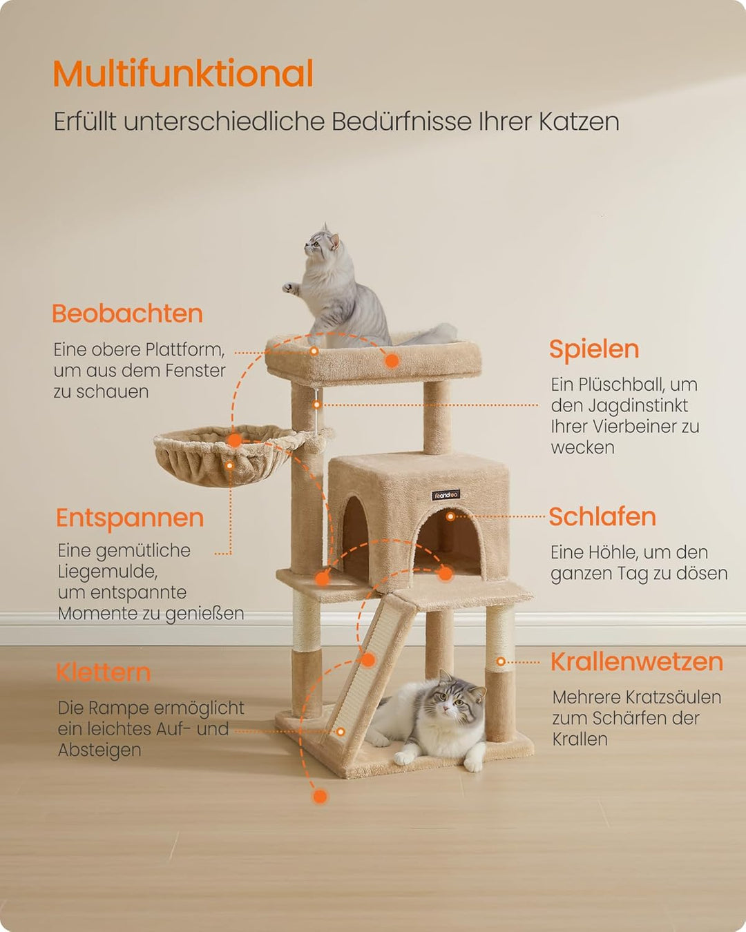 Feandrea Kratzbaum, 96 cm hoch, Katzenbaum mit grosser Plattform, Katzenkratzbaum mit Katzenhöhle, H