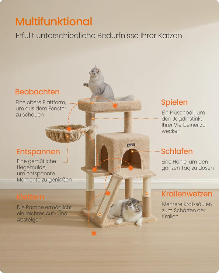 Feandrea Kratzbaum, 96 cm hoch, Katzenbaum mit grosser Plattform, Katzenkratzbaum mit Katzenhöhle, H