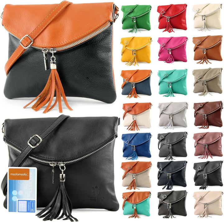 modamoda de - T139 - ital Umhängetasche Klein aus Nappaleder Creme/Cognac, Creme/Cognac
