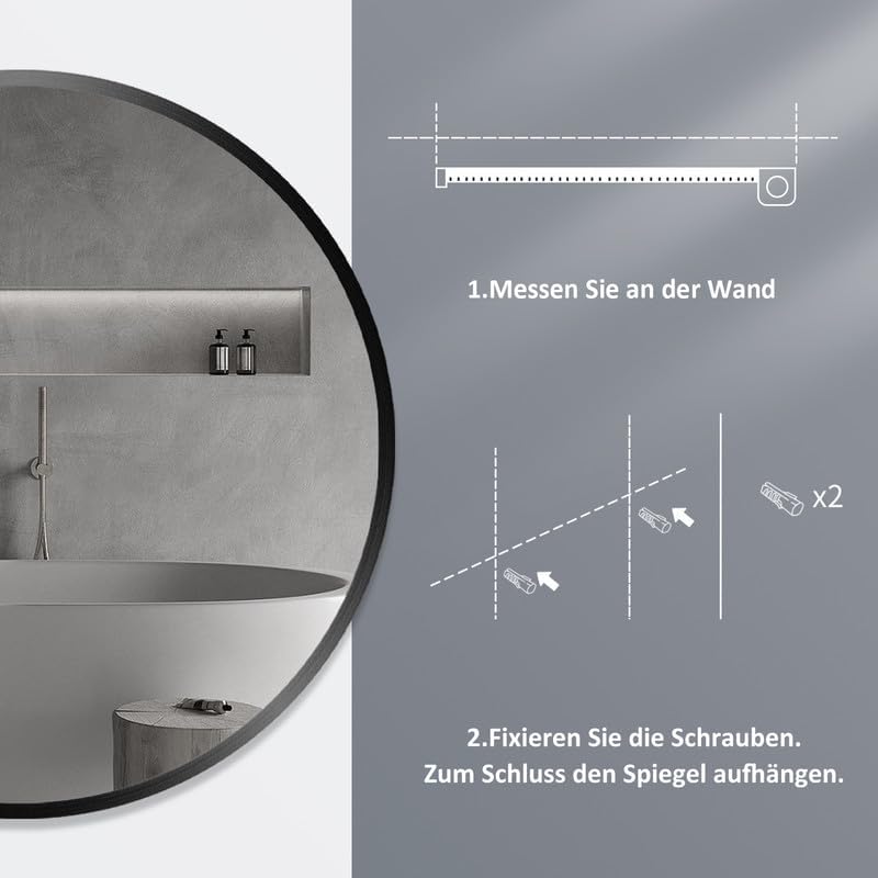 WOWINNE Spiegel, 50cm Runder Spiegel, Shwarz Wandspiegel, Rund Schwarz Schminkspiegel, mit Metall Ra