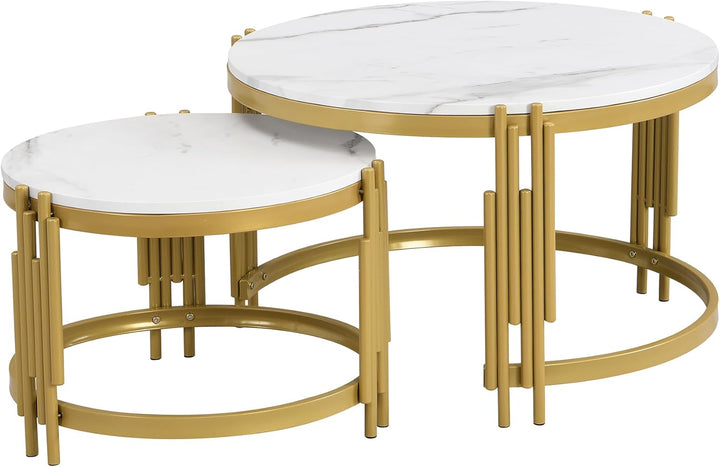 Merax Rund Couchtisch Set, 2-in-1 Nesting Couchtisch Satztisch, in Marmoroptik, Goldener Metallrahme