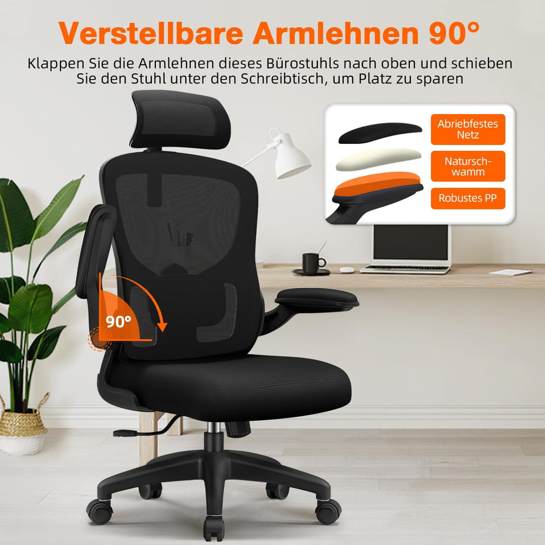Bürostuhl, Bürostuhl Ergonomisch, Schreibtischstuhl mit 5D-Lendenwirbelstütze und Kopfstütze, 90° kl