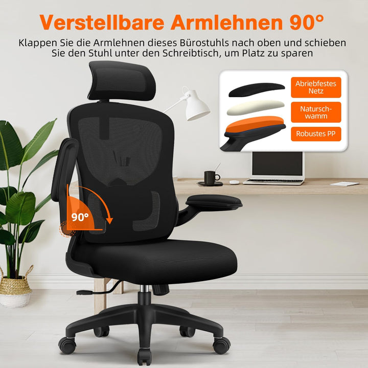 Bürostuhl, Bürostuhl Ergonomisch, Schreibtischstuhl mit 5D-Lendenwirbelstütze und Kopfstütze, 90° kl
