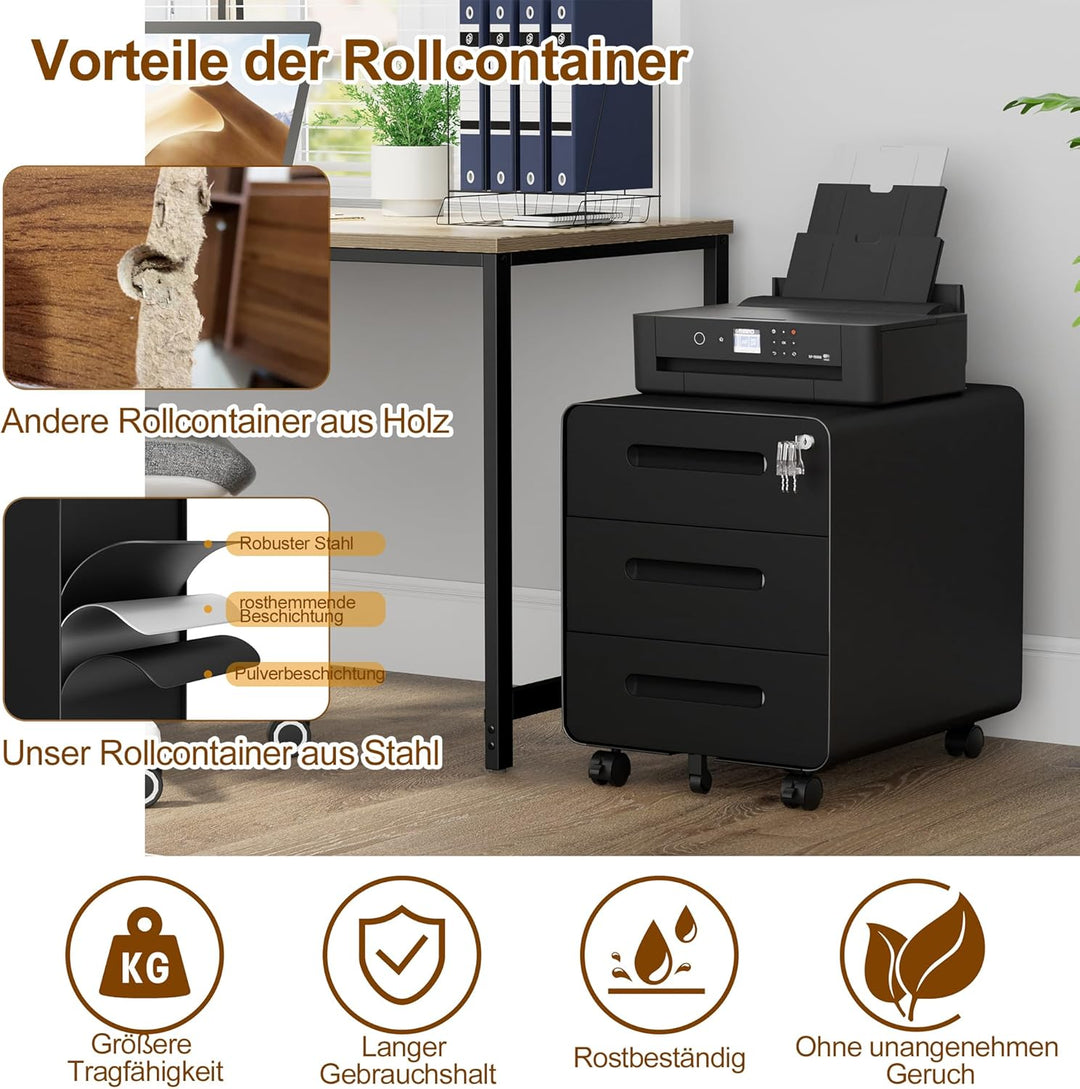 Rollcontainer, Mobiler Aktenschrank mit Schloss, Abgerundeten Ecken, 4 Schlüssel, 3 Schubladen, Druc