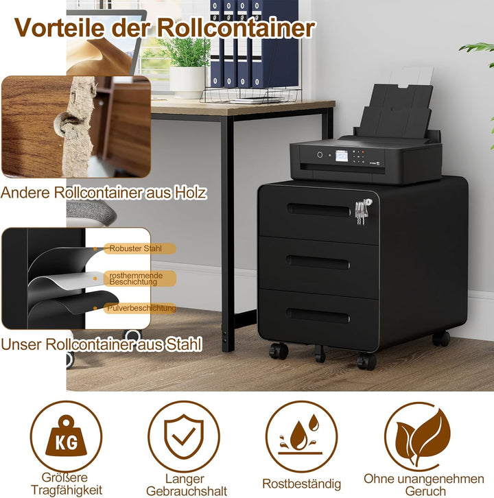 Rollcontainer, Mobiler Aktenschrank mit Schloss, Abgerundeten Ecken, 4 Schlüssel, 3 Schubladen, Druc